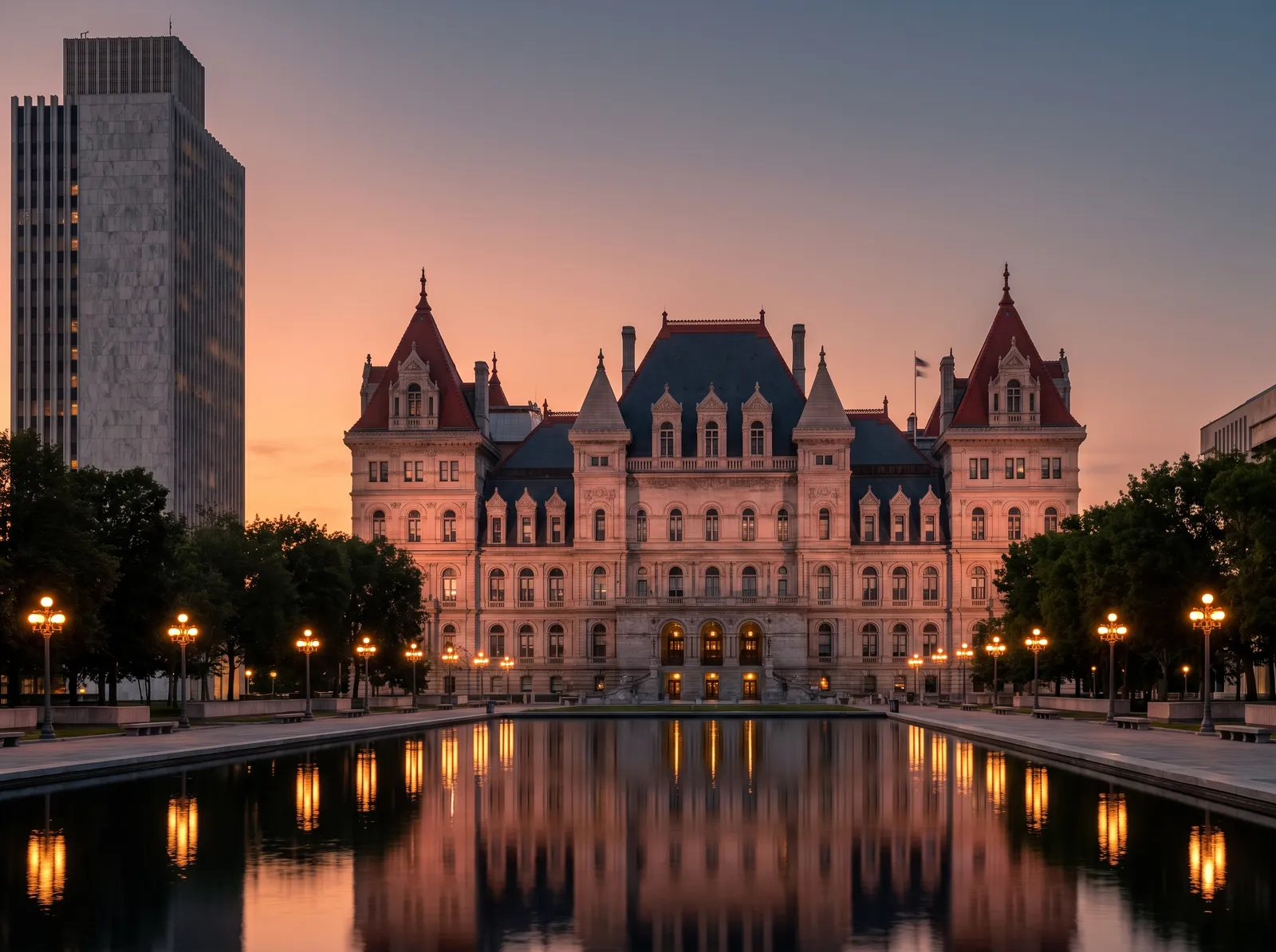 The New York State Capitol and Empire State Plaza in Albany at dusk